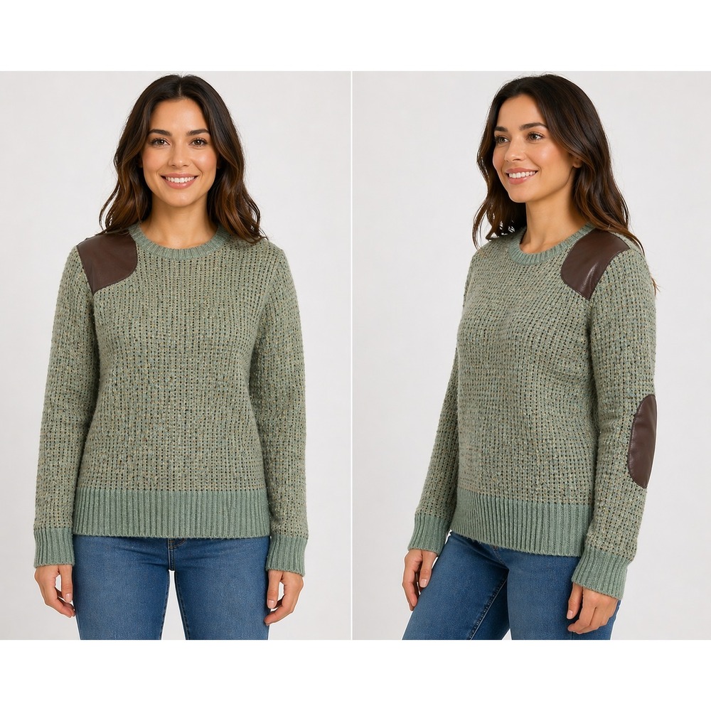 Lauren Ralph Lauren Womens Sweater Large Green Leather Patch Knit‎ Dark Academia